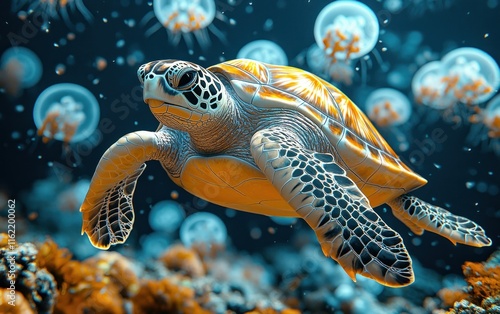 A sea turtle swims amidst a school of jellyfish in vibrant underwater scene. photo