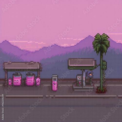 Pixel art bus stop with palm tree