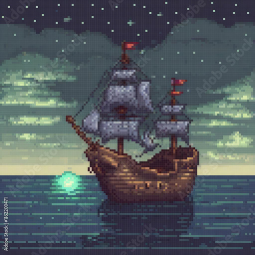 Pixel art of a pirate ship sailing under the moonlit sky.