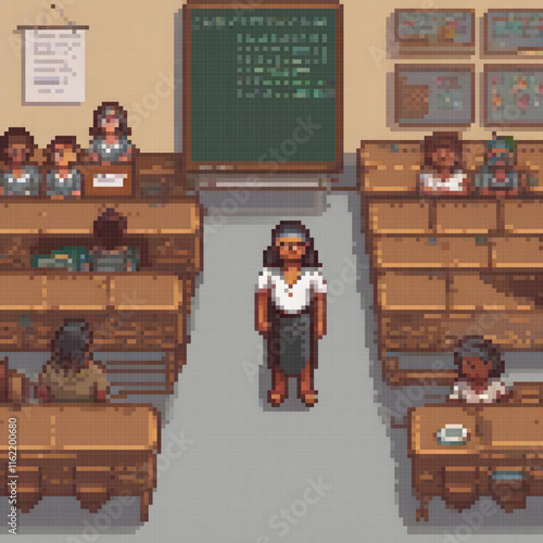 Pixel art depicting an educator in a classroom setting with attentive students.