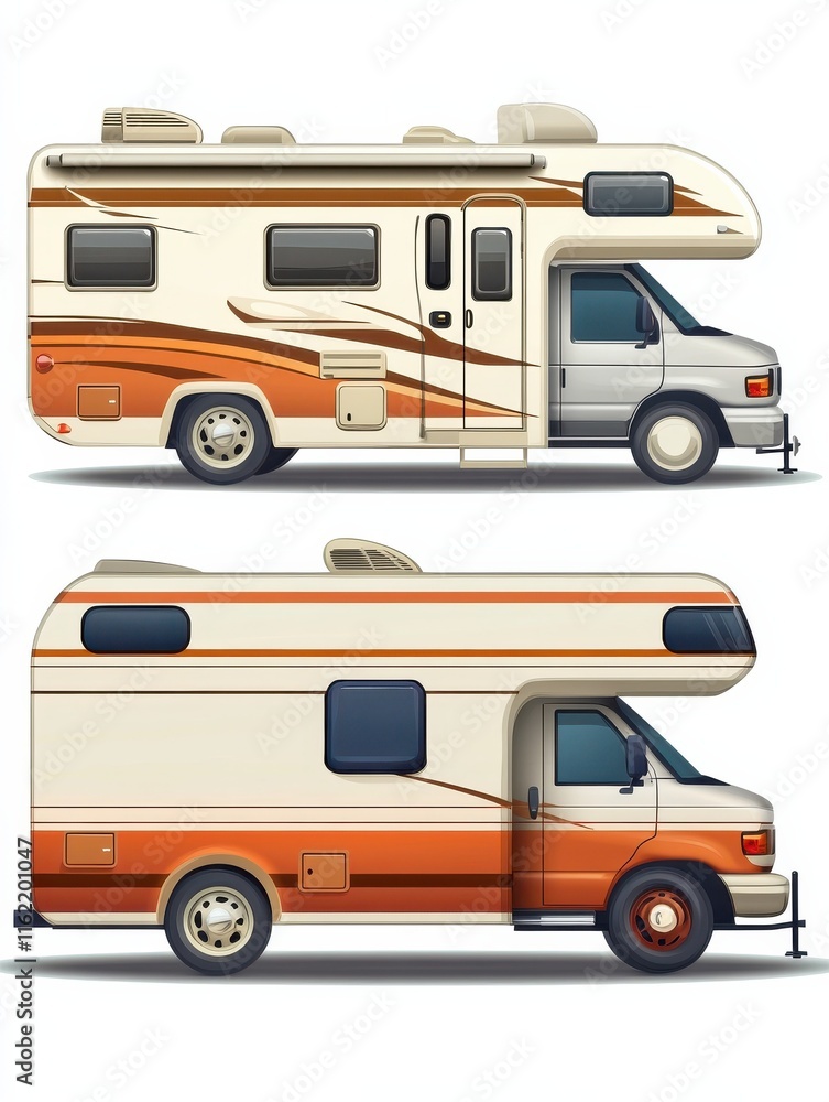 Camping trailers and rv car. motorhome, camper caravan and house truck icon isolated on white background. Recreation vehicle with camping van side view. Travel car for outdoor vacation set Camping trailers and rv car. motorhome, camper caravan and house truck icon isolated on white background. Recreation vehicle with camping van side view. Travel car for outdoor vacation set
