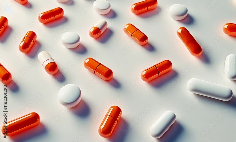 Aerial View of Vibrant Red and White Capsules Displayed on a Light Surface, Illustrating Pharmaceutical Products and Dietary Supplements in a Creative Arrangement Aerial View of Vibrant Red and White Capsules Displayed on a Light Surface, Illustrating Pharmaceutical Products and Dietary Supplements in a Creative Arrangement