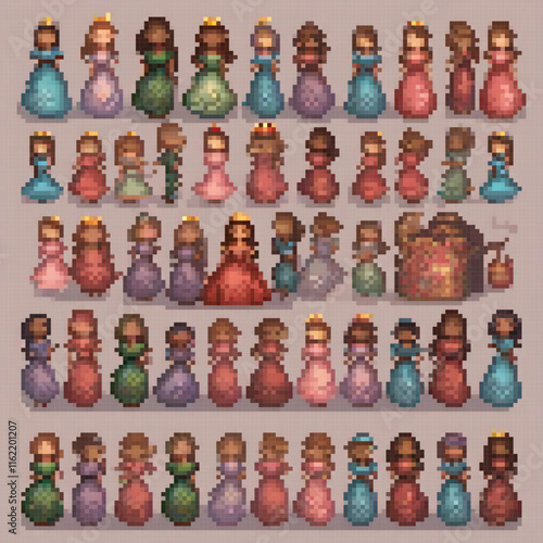 Enchanting pixel princesses in classic pixel art style.