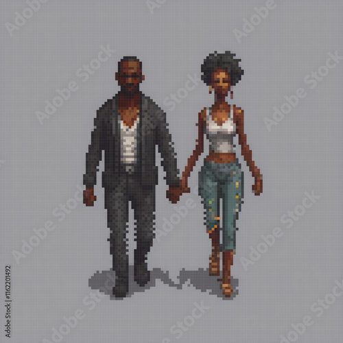Pixel art depicting a couples affectionate embrace.
