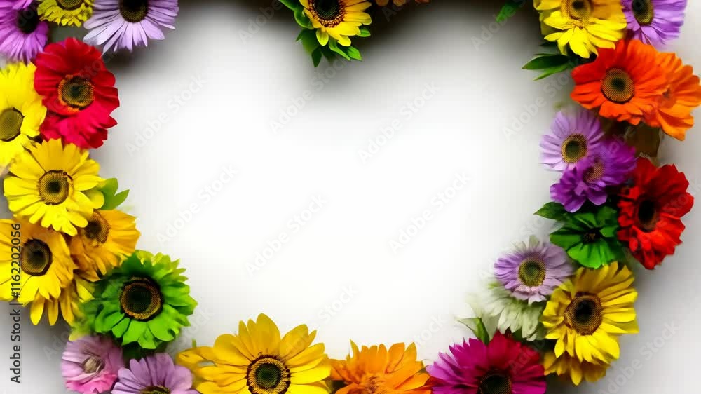 Colorful bouquet of flowers is arranged in the shape of a heart. The flowers are of various colors and sizes, creating a vibrant and cheerful display. The heart shape adds a sense of love Colorful bouquet of flowers is arranged in the shape of a heart. The flowers are of various colors and sizes, creating a vibrant and cheerful display. The heart shape adds a sense of love