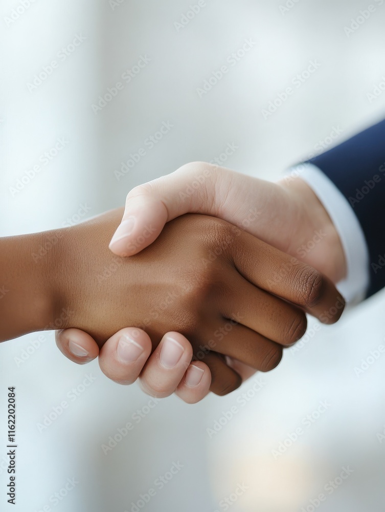 Obraz premium Close up cropped top view of group of young specialists working with papers and gadgets sitting together at office. Young multiracial people shaking hands, talking and smiling during cooperation.