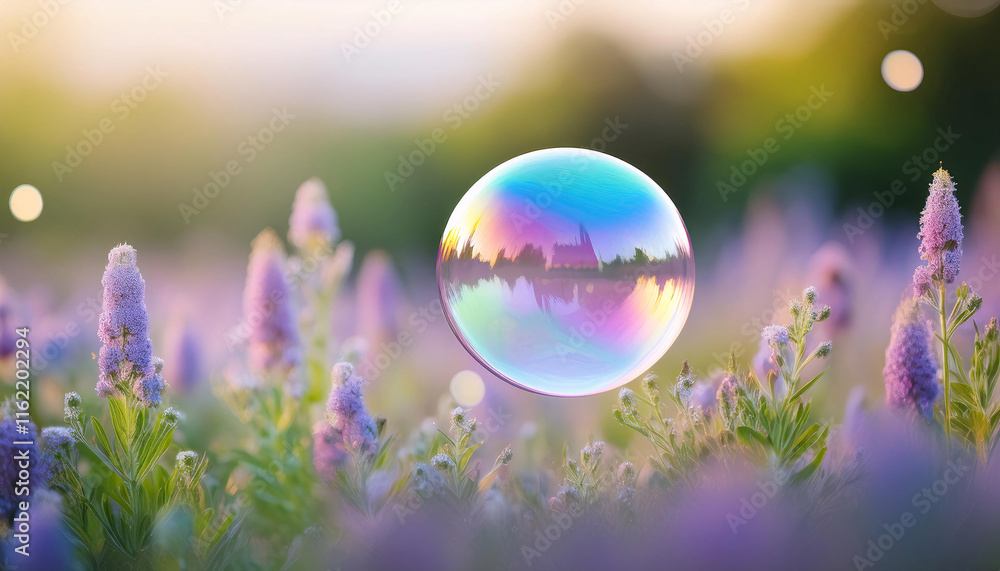A solitary bubble floats gracefully over a colorful tapestry of wildflowers, catching the light and reflecting the beauty of the surrounding spring landscape, celebrating the essence of the season A solitary bubble floats gracefully over a colorful tapestry of wildflowers, catching the light and reflecting the beauty of the surrounding spring landscape, celebrating the essence of the season