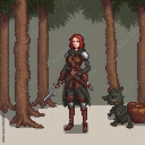 Woman in armor and wolf in the woods - pixel art