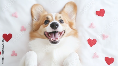 A Corgi dog laying on its back on a soft white background, surrounded by pink heart and bone shapes for Valentine's day with love photo