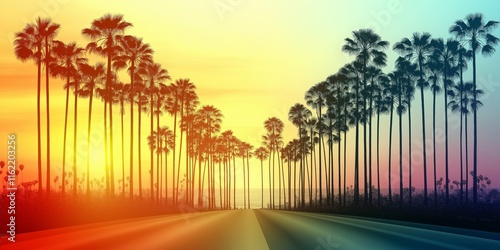A vibrant abstract background featuring a sunset with palm tree silhouettes and soft hues of yellow and white blending together
