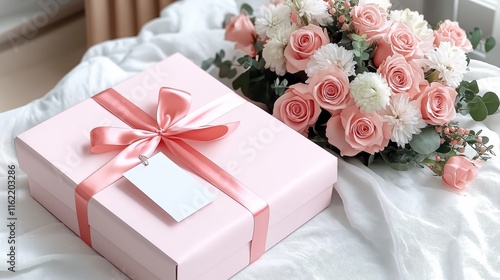 A beautifully wrapped pink gift box with a satin ribbon, accompanied by a delicate bouquet of pastel pink roses and white flowers. Birday gift box, Valentine's day celebrate