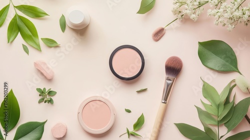 Natural Makeup Products Arranged With Green Leaves photo