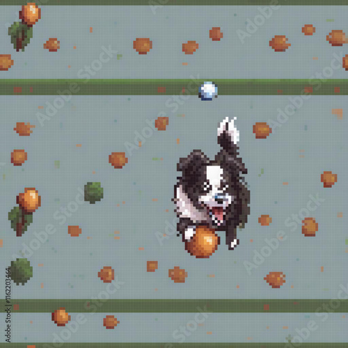 Pixel art of a playful dog sprinting in an orange-filled field.