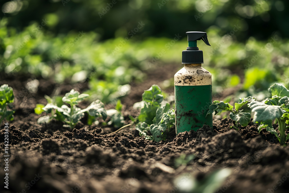 Green pesticide spray bottle on farmland soil, highlighting agricultural practices Green pesticide spray bottle on farmland soil, highlighting agricultural practices