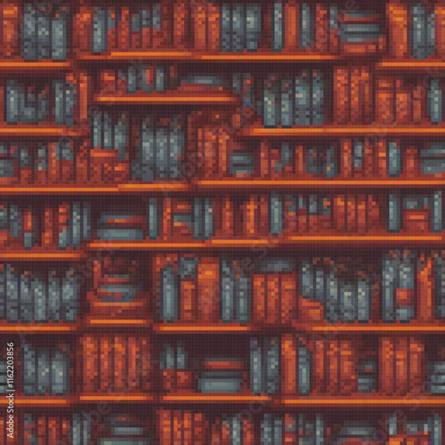 Pixel art of a cozy bookshelf overflowing with books.