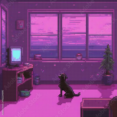 Pixel art of a dog in front of a computer, showcasing a cozy home office setup.