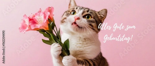 Süße Katze mit Blumenstrauß gratuliert zum Geburtstag photo