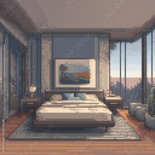 Pixel art of a cozy bedroom with a spacious bed and a charming wall painting.