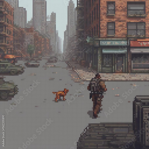 Pixel art depicting a man and his dog strolling through a bustling city street.