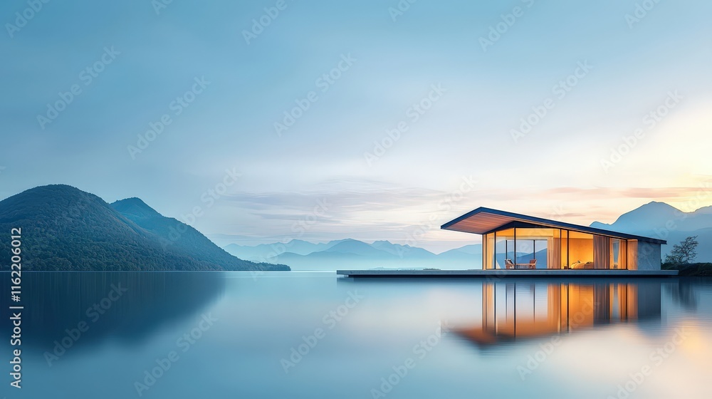 Obraz premium Modern Lake House at Dusk with Serene Landscape