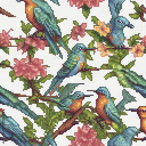 Pixel art cross stitch pattern featuring birds and flowers on a pristine white canvas.