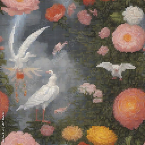 Pixel art featuring vibrant birds and blooming flowers against a dark backdrop.