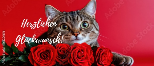 Herzlicher Glückwunsch Süße Katze mit roten Rosen zum Geburtstag photo