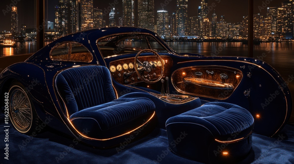 Luxurious classic car interior at night, city skyline backdrop. Luxurious classic car interior at night, city skyline backdrop.