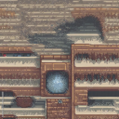 Pixel art depiction of a clock-adorned building, showcasing retro charm.