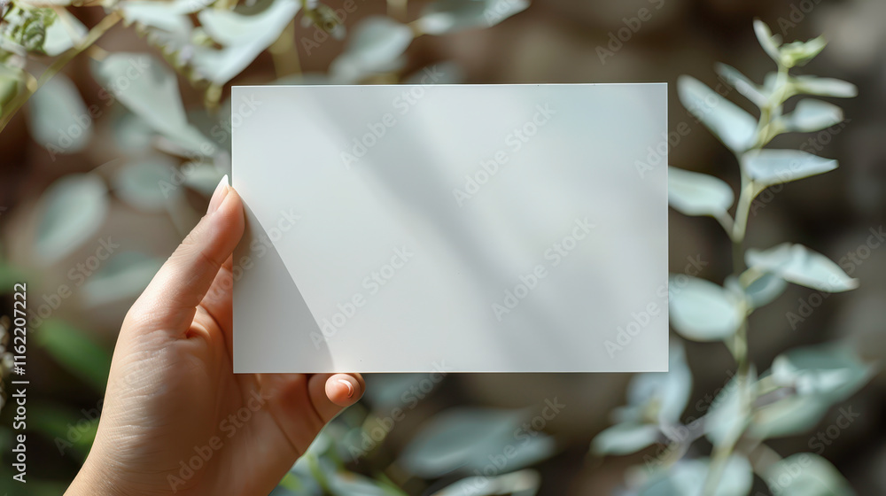Obraz premium Hand Holding Blank Card Mockup Against Natural Green Foliage Background