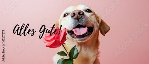 Glücklicher Labrador mit Rose  Alles Gute Stockfoto für Glückwünsche photo