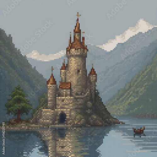 Pixel art depicting a charming castle on a serene island lake.