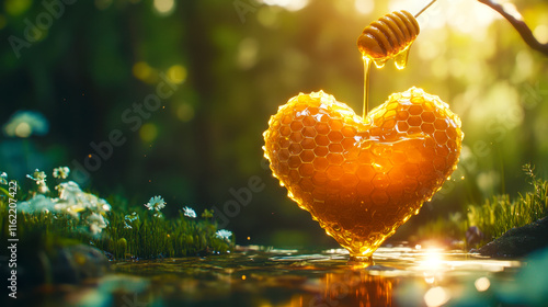 Golden honey heart dripping serene nature scene artistic photography tranquil environment close-up perspective sweetness concept