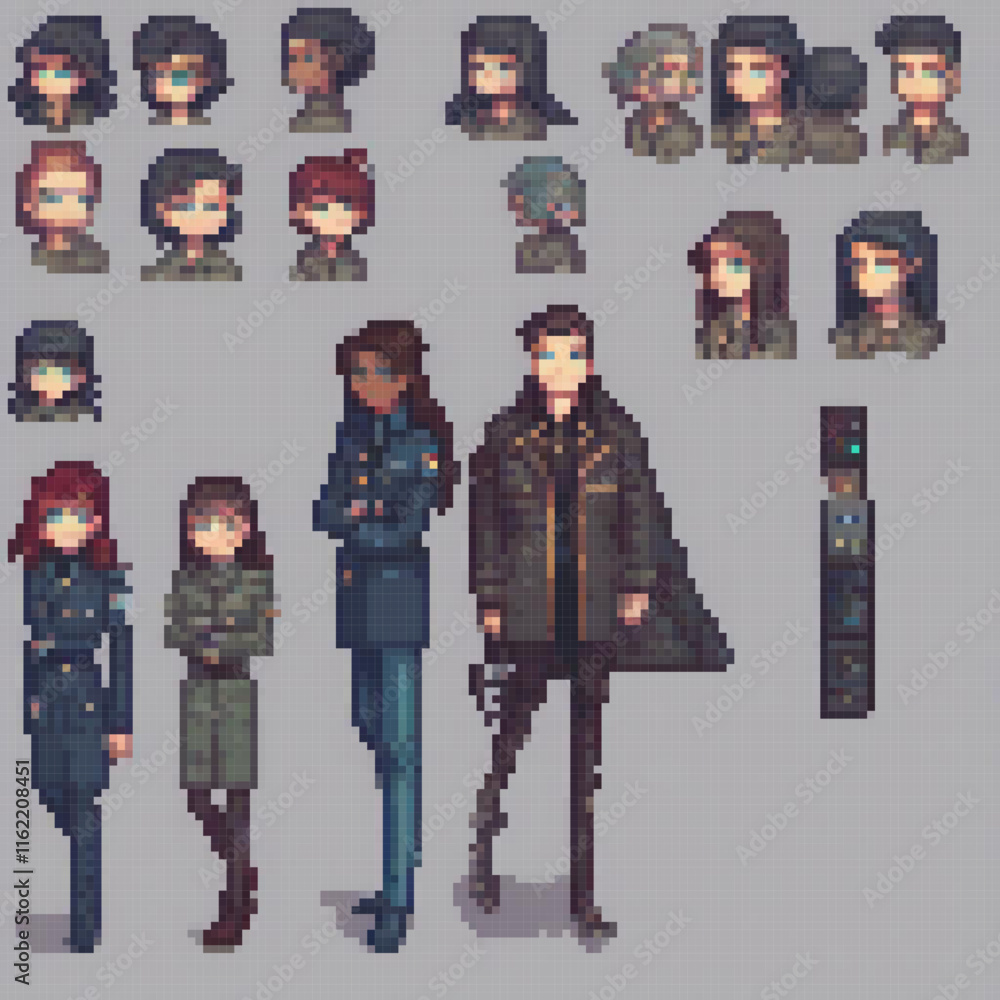Pixel art depicting a group of friends in a gray setting Pixel art depicting a group of friends in a gray setting