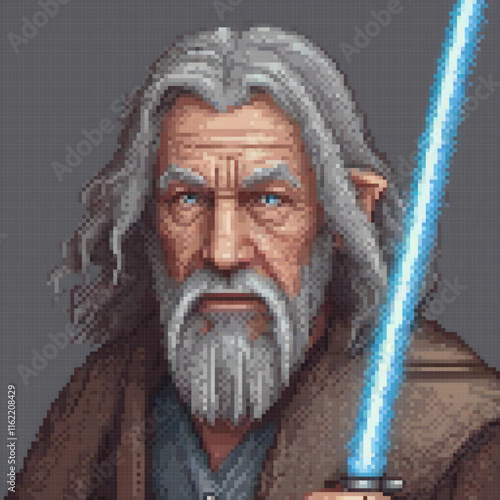 Retro pixel art of an elderly sage wielding a light saber, embodying wisdom and adventure.