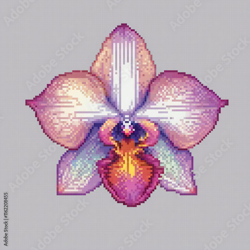 Pixel art cross stitch flower pattern on gray background