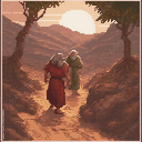 Pixel art cross stitch pattern of two friends on a dusty path.