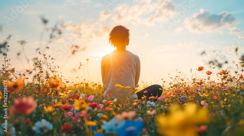 Wallpaper Mural silhouette of woman yoga practice outdoor,  spring flower meadow at sunrise Torontodigital.ca