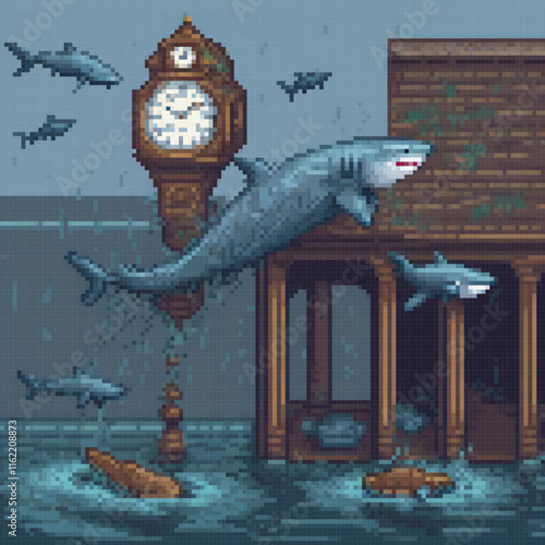 Pixel art of a shark leaping from the sea, synchronized with a clock.