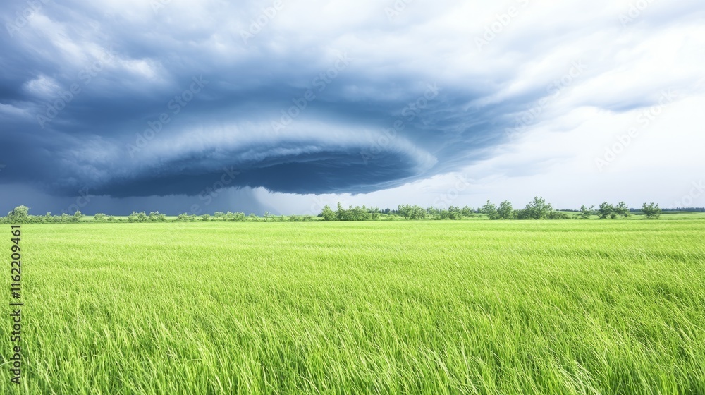 Obraz premium Stormy Sky Over Lush Green Rice Paddy Field