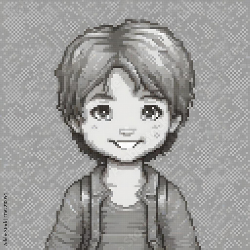 Pixel art cross stitch pattern featuring a boy with a backpack