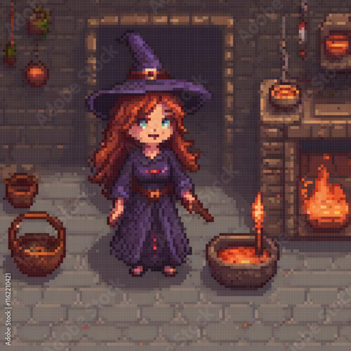 Enchanting pixel art of a girl in a witch costume by the cozy fireplace.