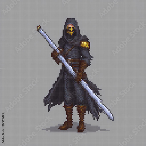 A pixel art depiction of a mysterious man clad in a hooded cloak, wielding a sword.