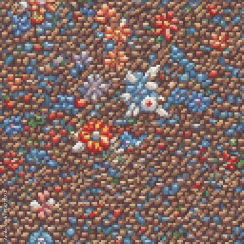 Brown background showcases vibrant pixel art cross stitch flowers pattern.
