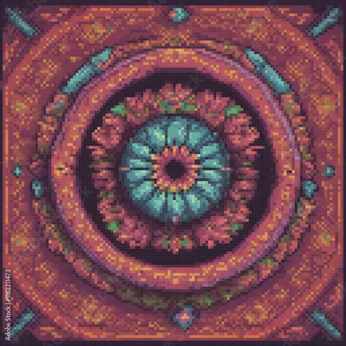Handcrafted pixel art cross stitch pattern featuring a charming circular design.