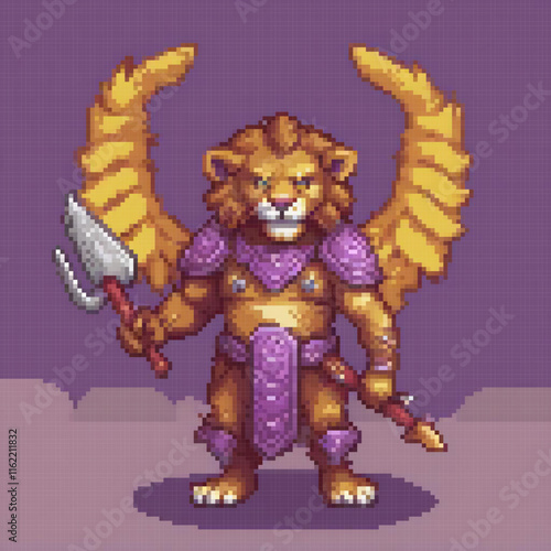 Pixel art of a fierce lion wielding a sword, ready for battle.