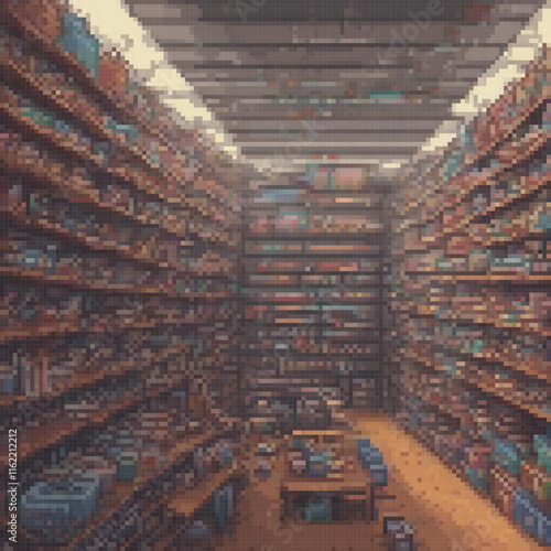 Pixel art depicting a vast warehouse with numerous shelves.