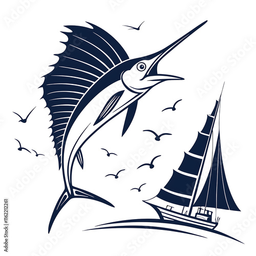 An elegant Sailfish head silhouette icon set against a clean white backdrop photo