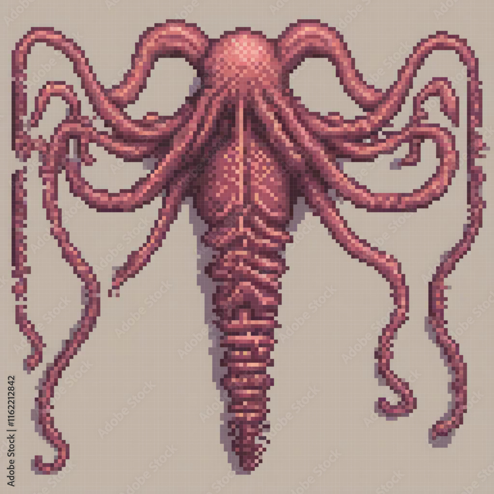 Obraz premium Pixel art octopus with vibrant tentacles against a muted gray backdrop.