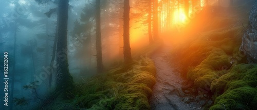 Misty forest path at sunset, sunlight filtering through trees, moss covering ground. photo